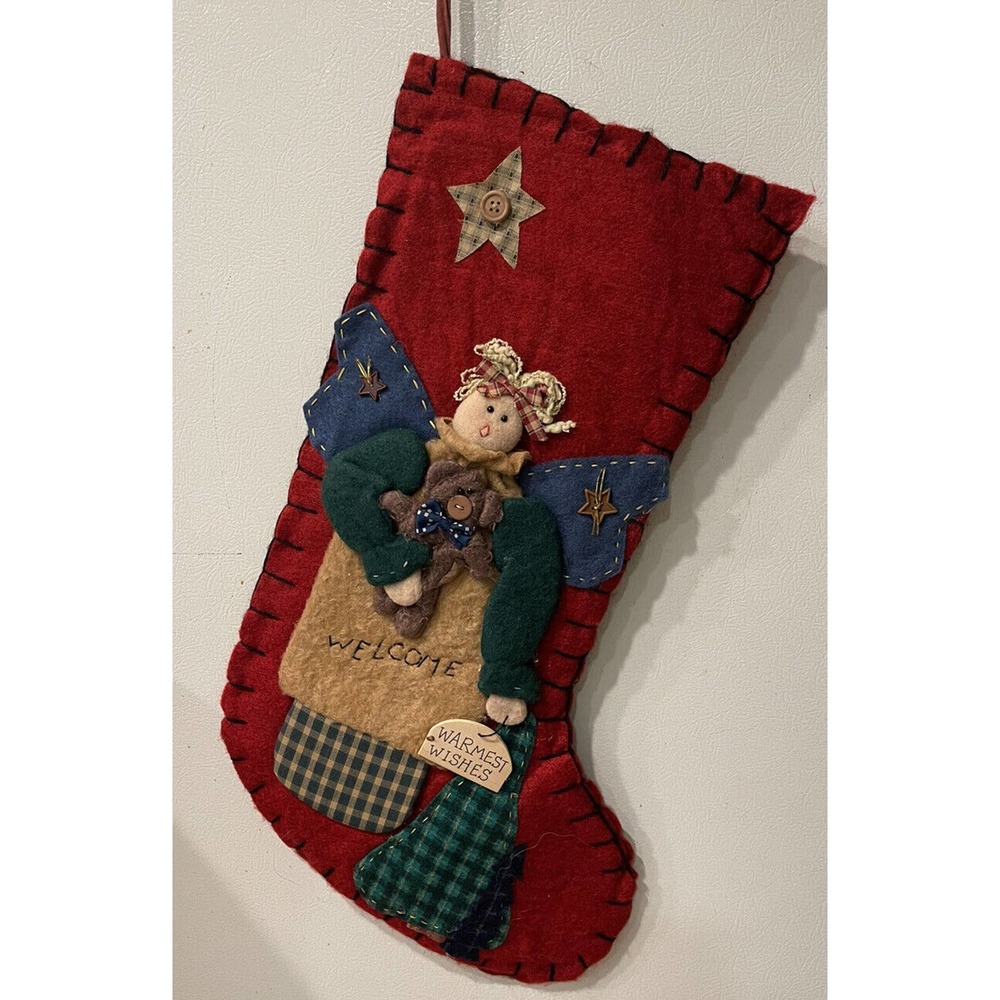 Vintage Red Primitive Penny Felt Applique Christmas Stocking Angel